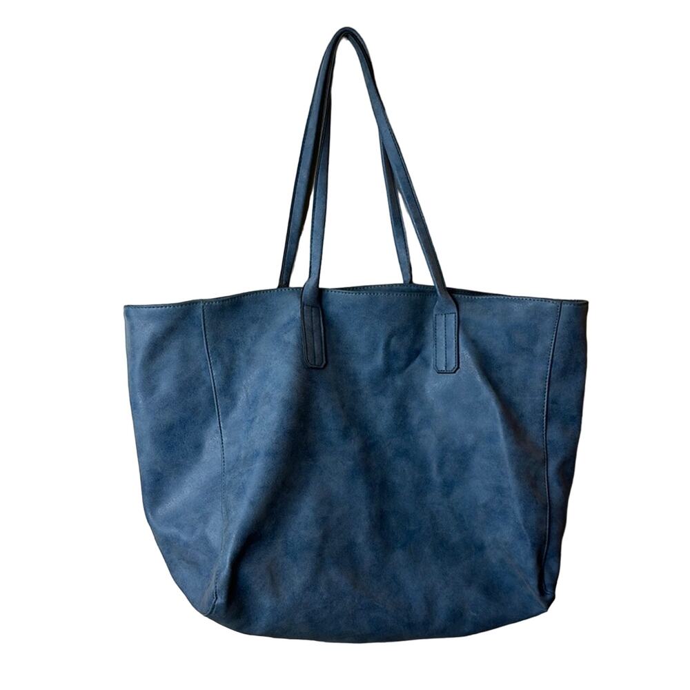 Saks Fifth Avenue Open Shopping Tote Faux Leather/Suede Blue Shoulder Bag 21x15